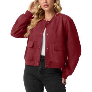 GRECERELLE Womens Faux Suede Leather Bomber Jacket Cropped Button Down Long Sleeve Casual Varsity Baseball With Pockets(Red)