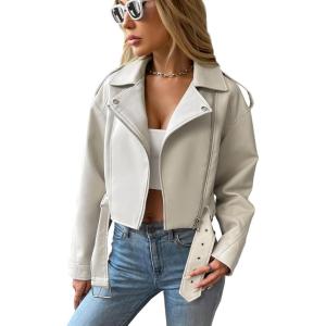 LY VAREY LIN Women Faux Leather Cropped Jacket Vegan Motor Biker Coat with Belt(Beige)