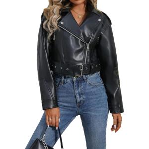 LY VAREY LIN Women Faux Leather Cropped Jacket Vegan Motor Biker Coat with Belt(Black)