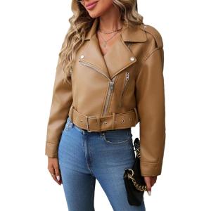 LY VAREY LIN Women Faux Leather Cropped Jacket Vegan Motor Biker Coat with Belt(Brown)