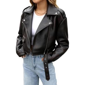 LY VAREY LIN Women Faux Leather Cropped Jacket Vegan Motor Biker Coat with Belt(Dark Brown)