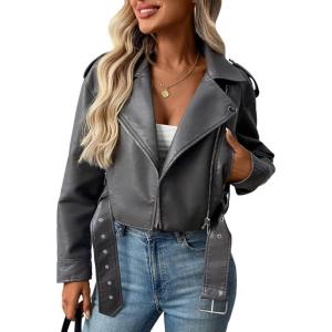 LY VAREY LIN Women Faux Leather Cropped Jacket Vegan Motor Biker Coat with Belt(Grey)