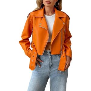 LY VAREY LIN Women Faux Leather Cropped Jacket Vegan Motor Biker Coat with Belt(Orange)
