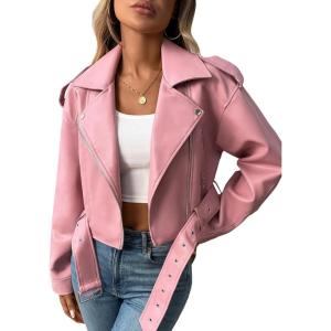LY VAREY LIN Women Faux Leather Cropped Jacket Vegan Motor Biker Coat with Belt(Pink)
