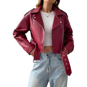 LY VAREY LIN Women Faux Leather Cropped Jacket Vegan Motor Biker Coat with Belt(Violet Red)