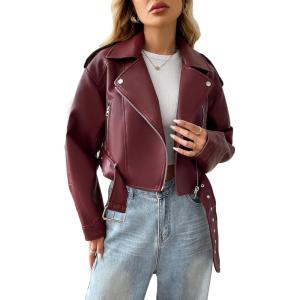 LY VAREY LIN Women Faux Leather Cropped Jacket Vegan Motor Biker Coat with Belt(Wine Red)