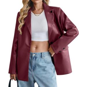 Womens Faux Leather Blazer Jacket Oversized Bomber Button Down Lapel Coat Fall Spring Winter Trendy Outerwear Outfits(Wine Red)