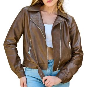 Women’s Faux Leather Jacket Classic Cropped Motorcycle Biker Jacket Slim Fit Lightweight for Spring Fall(Dark Brown)