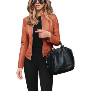 Women’s Faux Leather Jackets Moto Biker Short Coat Jacket Zip Up Fall Fashion Motorcycle Jackets Trendy Clothes(Orange)