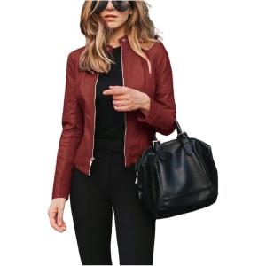 Women’s Faux Leather Jackets Moto Biker Short Coat Jacket Zip Up Fall Fashion Motorcycle Jackets Trendy Clothes(Watermelon Red)