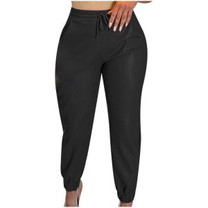 Womens High Waisted Stretch Leather Pants Pu Coated Legging Juniors Drawstring Athleisure Ankle Length Jogger Pants(Black)