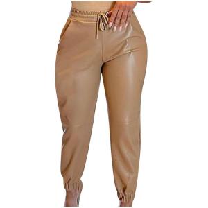 Womens High Waisted Stretch Leather Pants Pu Coated Legging Juniors Drawstring Athleisure Ankle Length Jogger Pants(Khaki)