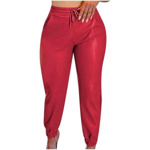 Womens High Waisted Stretch Leather Pants Pu Coated Legging Juniors Drawstring Athleisure Ankle Length Jogger Pants(Red)