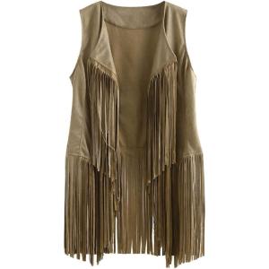 Womens Vintage Western Fringe Vest Tops Classic Suede Leather 70s Cowboy Shirt Sleeveless Tassels Cardigan Jackets(Beige)