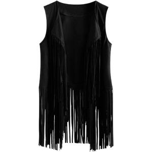 Womens Vintage Western Fringe Vest Tops Classic Suede Leather 70s Cowboy Shirt Sleeveless Tassels Cardigan Jackets(Black)