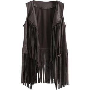 Womens Vintage Western Fringe Vest Tops Classic Suede Leather 70s Cowboy Shirt Sleeveless Tassels Cardigan Jackets(Gray)