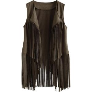 Womens Vintage Western Fringe Vest Tops Classic Suede Leather 70s Cowboy Shirt Sleeveless Tassels Cardigan Jackets(Green)