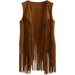 Womens Vintage Western Fringe Vest Tops Classic Suede Leather 70s Cowboy Shirt Sleeveless Tassels Cardigan Jackets(Khaki)