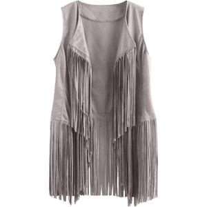 Womens Vintage Western Fringe Vest Tops Classic Suede Leather 70s Cowboy Shirt Sleeveless Tassels Cardigan Jackets(Light Gray)
