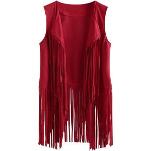 Womens Vintage Western Fringe Vest Tops Classic Suede Leather 70s Cowboy Shirt Sleeveless Tassels Cardigan Jackets(Red)
