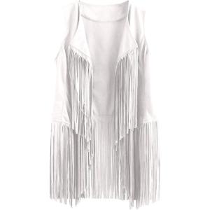Womens Vintage Western Fringe Vest Tops Classic Suede Leather 70s Cowboy Shirt Sleeveless Tassels Cardigan Jackets(White)
