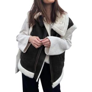 loveimgs Women’s Winter Warm Suede Sherpa Leather Vest Jacket Zip Up Sleeveless Lambwool Fur Coat with Pockets(Black White)