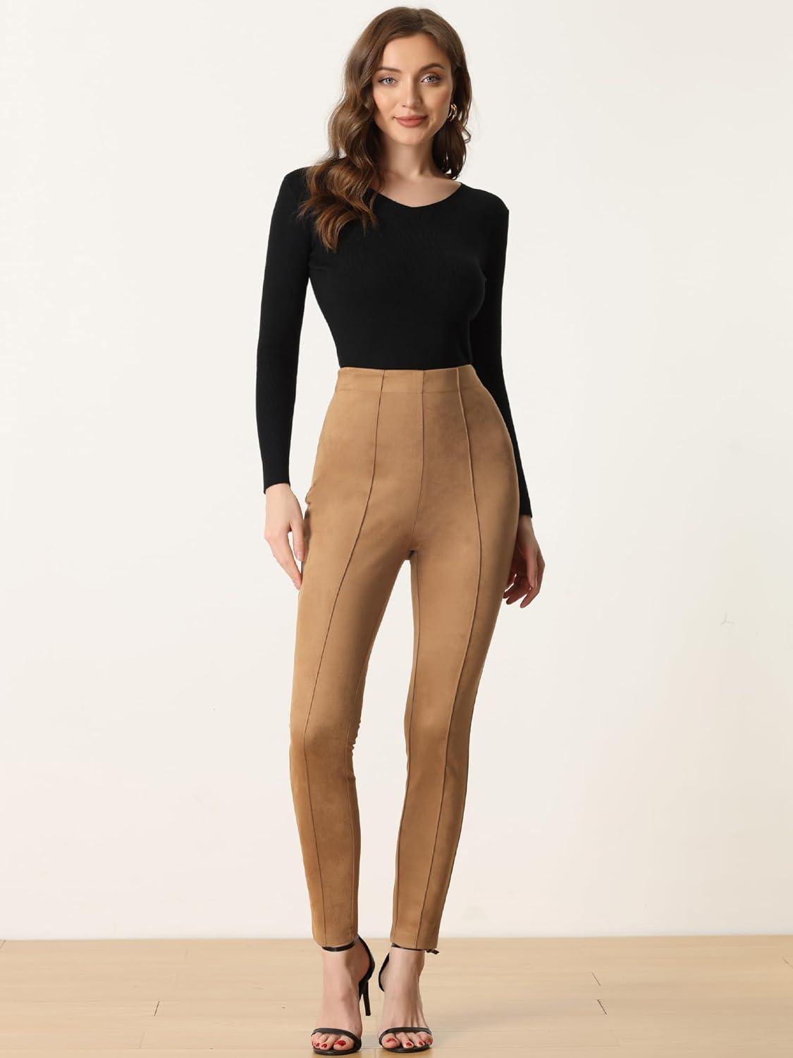 imageAllegra K Womens Faux Suede Leggings High Waisted Stretch Casual Faux Leather Pants for WomenBrown