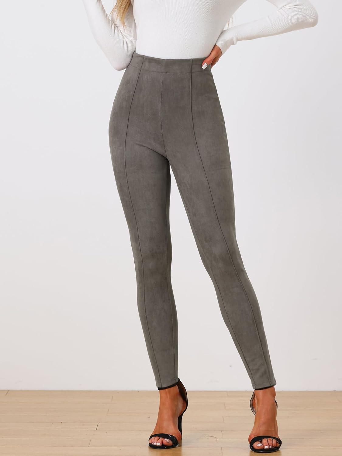 imageAllegra K Womens Faux Suede Leggings High Waisted Stretch Casual Faux Leather Pants for WomenDark Gray