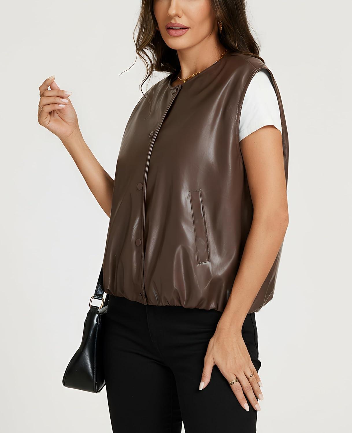 imageLADYFUL Women Faux leather Vest Top Cropped Cap Sleeve Bubble Hem Oversized Sleeveless Pu Leather Jacket CoatBrown