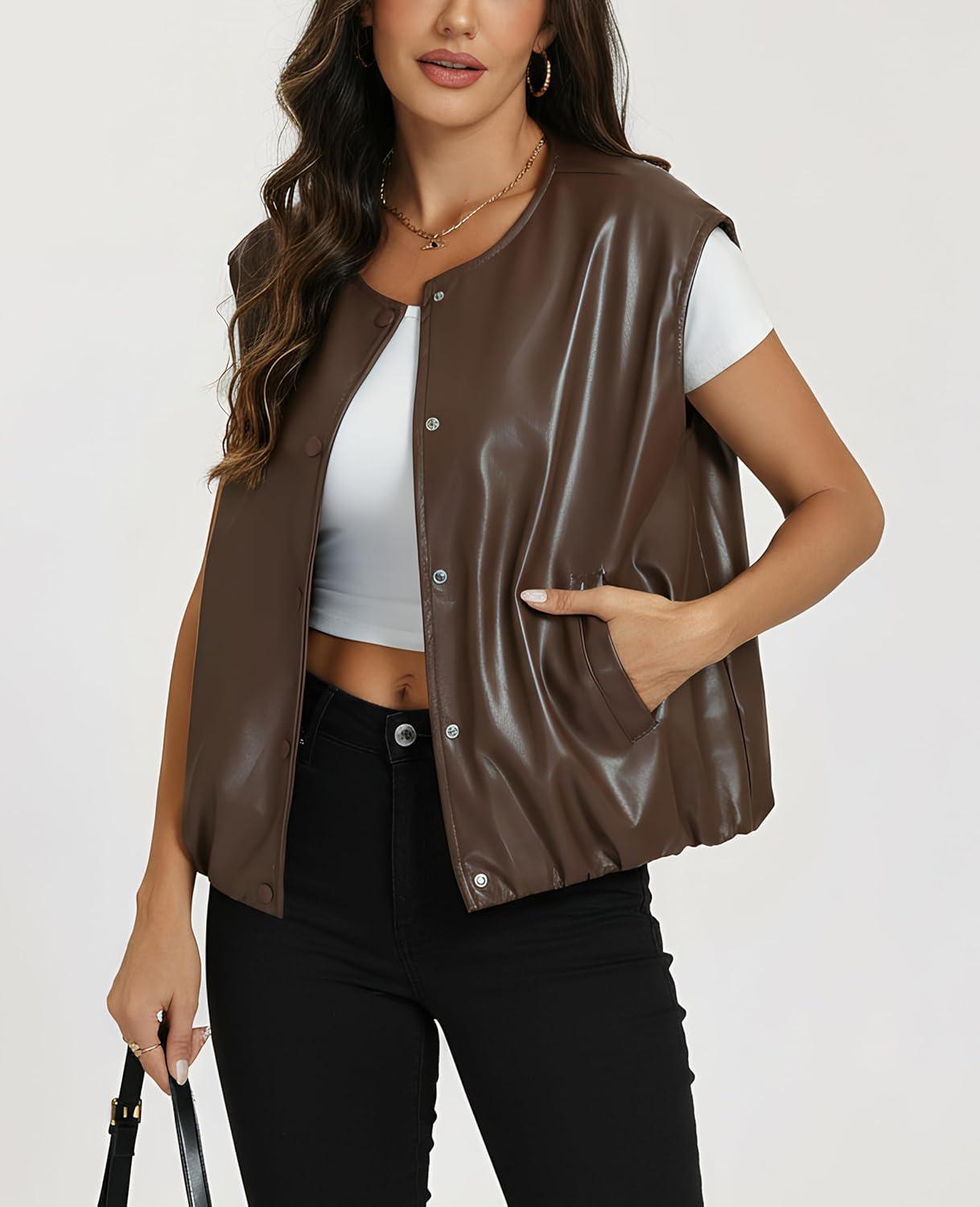imageLADYFUL Women Faux leather Vest Top Cropped Cap Sleeve Bubble Hem Oversized Sleeveless Pu Leather Jacket CoatBrown