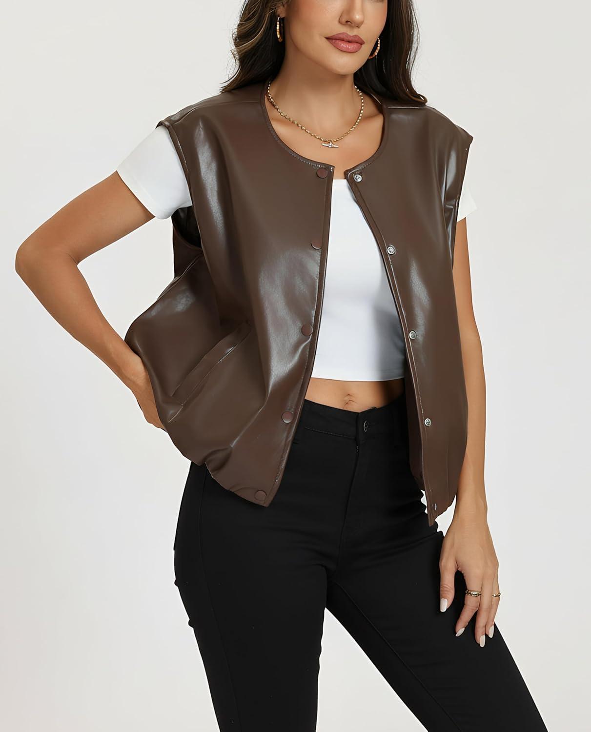 imageLADYFUL Women Faux leather Vest Top Cropped Cap Sleeve Bubble Hem Oversized Sleeveless Pu Leather Jacket CoatBrown