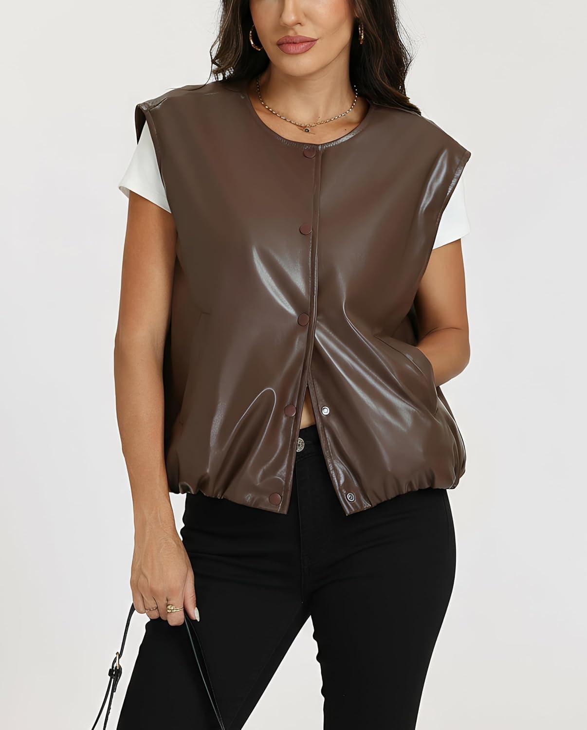 imageLADYFUL Women Faux leather Vest Top Cropped Cap Sleeve Bubble Hem Oversized Sleeveless Pu Leather Jacket CoatBrown