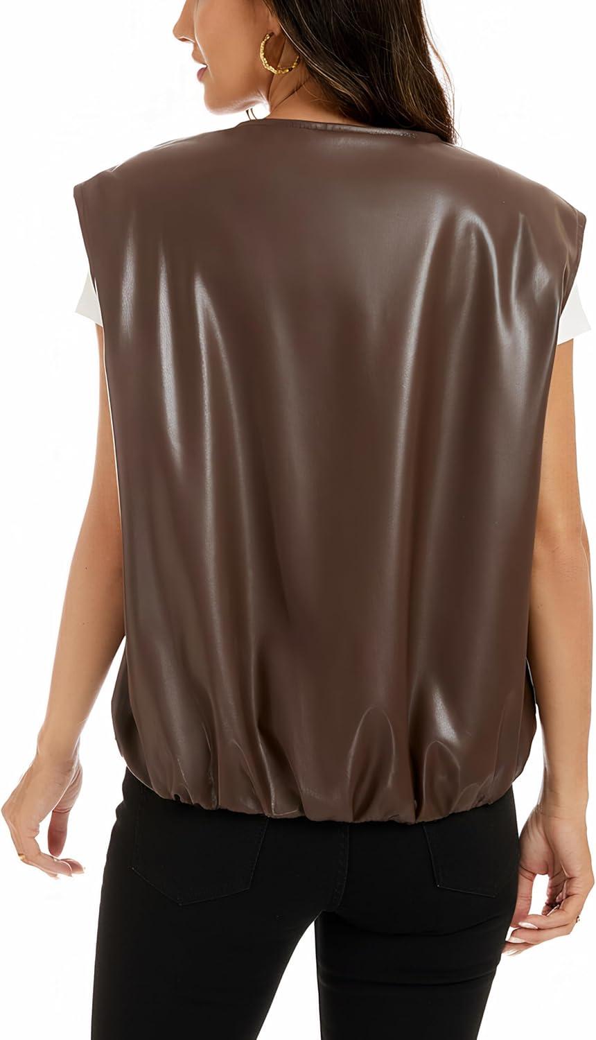 imageLADYFUL Women Faux leather Vest Top Cropped Cap Sleeve Bubble Hem Oversized Sleeveless Pu Leather Jacket CoatBrown