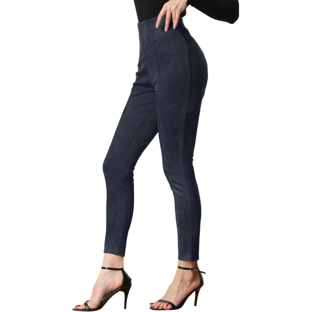 imageAllegra K Womens Faux Suede Leggings High Waisted Stretch Casual Faux Leather Pants for WomenNavy Blue
