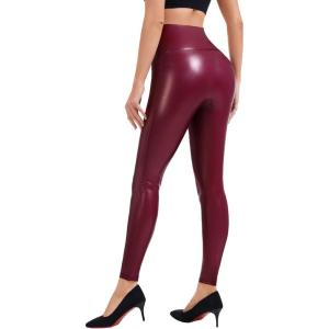 Faux Leather Leggings for Women Tummy Control High Waist(Wine)
