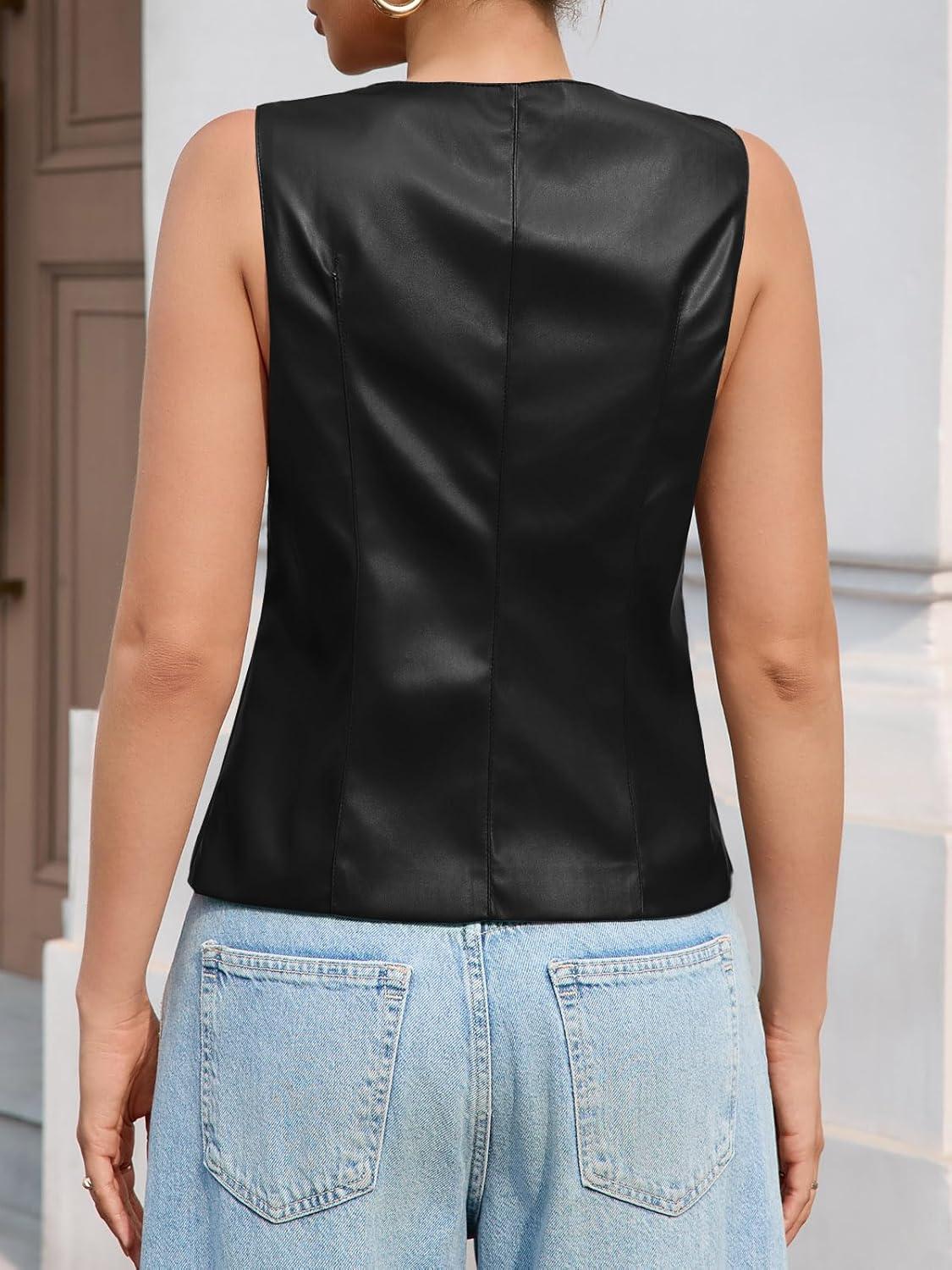 imageTankaneo Womens Faux Leather Vest Tops Business Casual Button Down PU Suit Blazer Sleeveless Fitted WaistcoatBlack