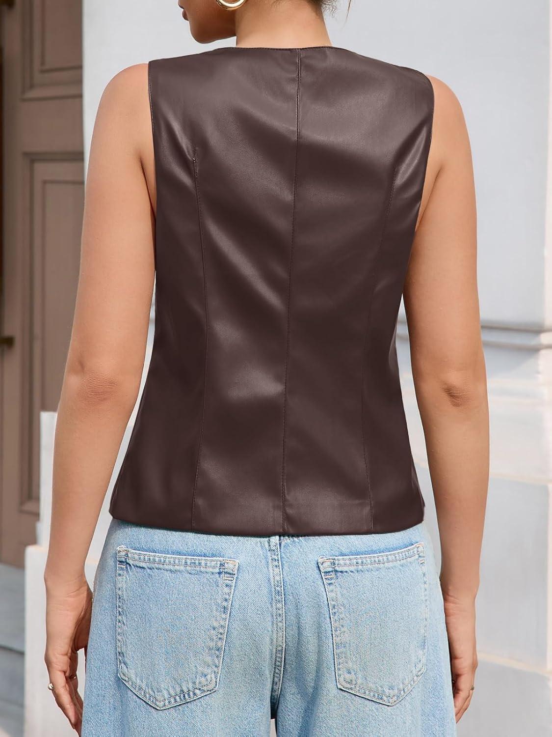 imageTankaneo Womens Faux Leather Vest Tops Business Casual Button Down PU Suit Blazer Sleeveless Fitted WaistcoatBrown