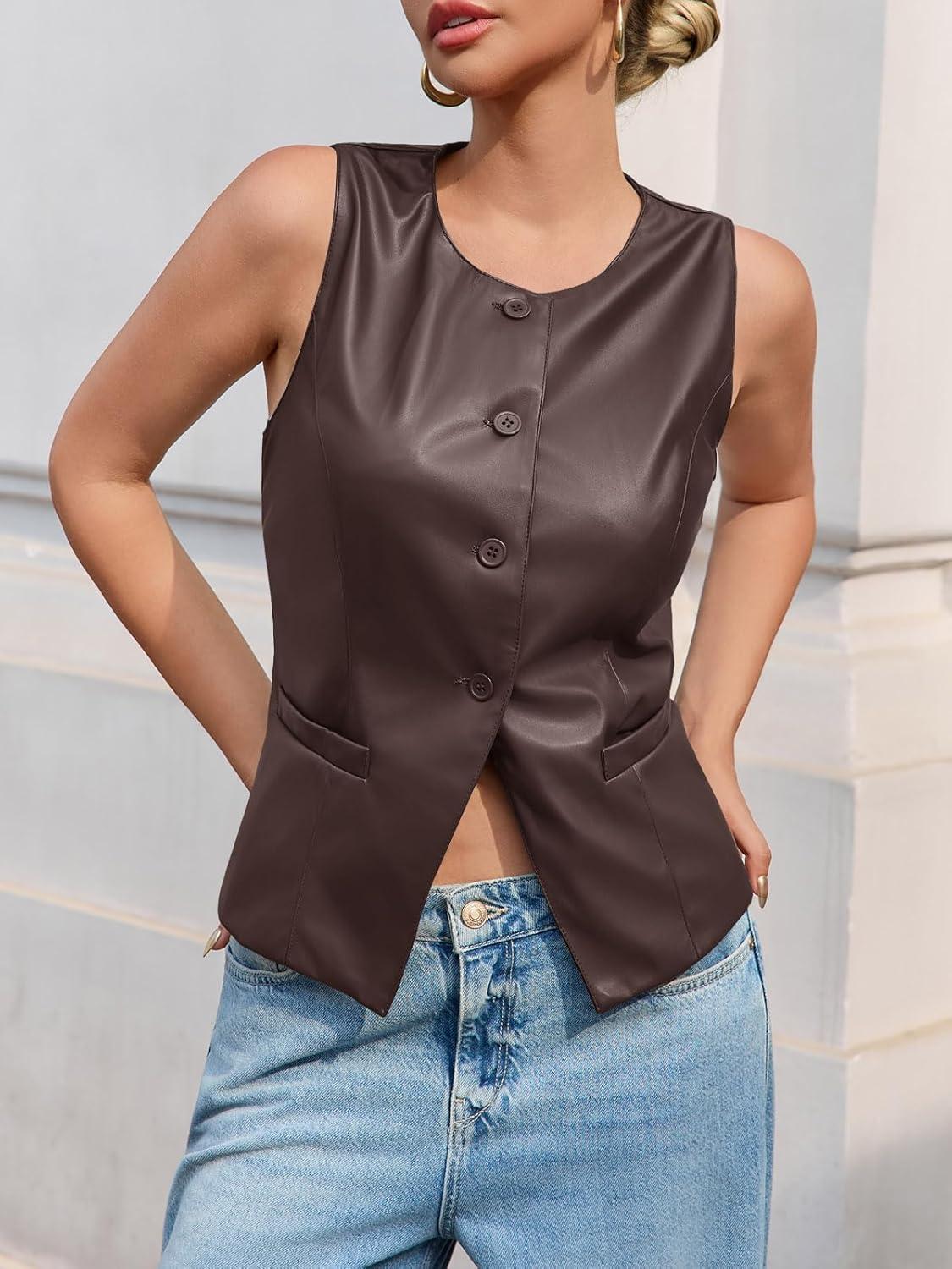 imageTankaneo Womens Faux Leather Vest Tops Business Casual Button Down PU Suit Blazer Sleeveless Fitted WaistcoatBrown