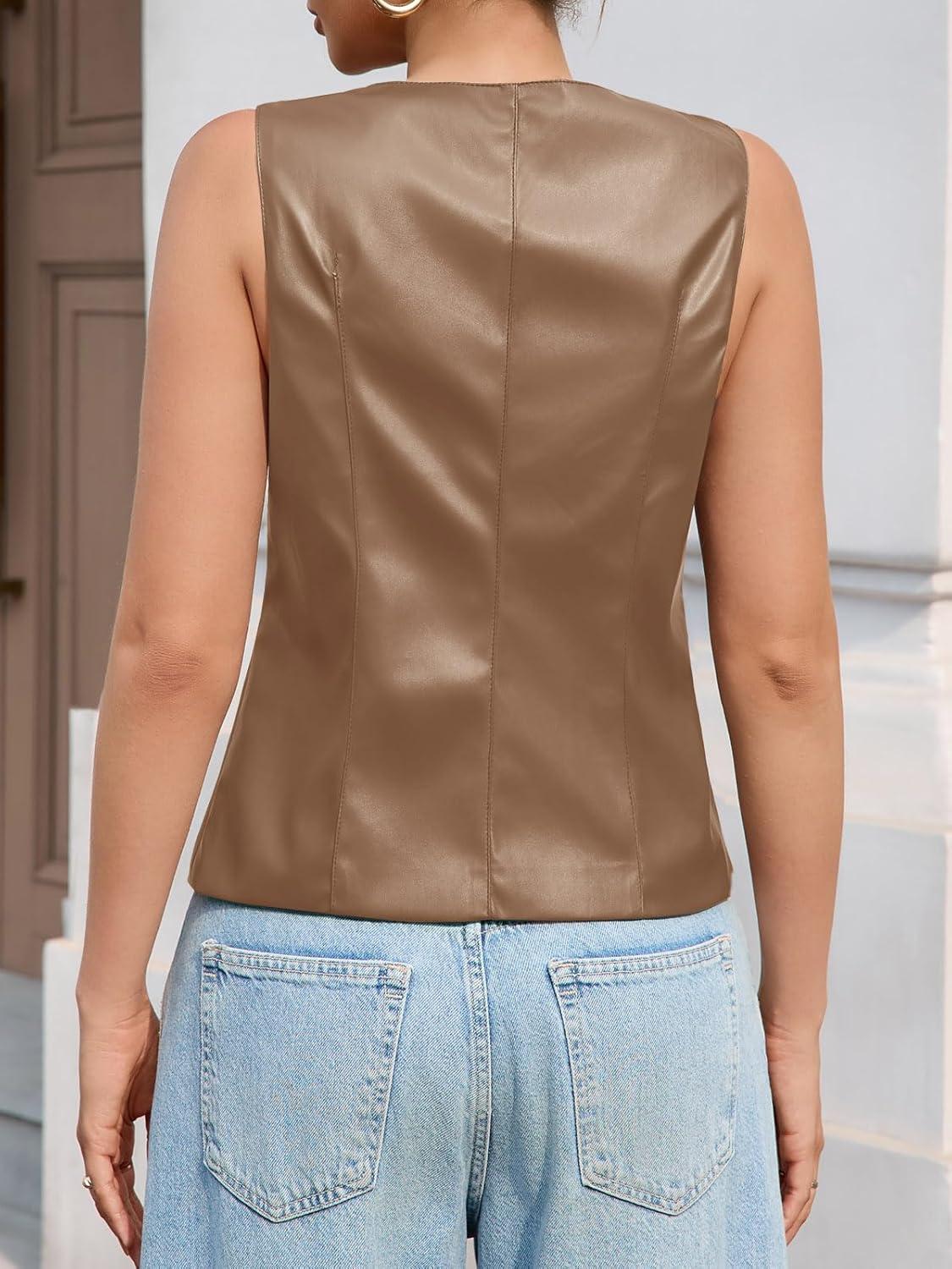 imageTankaneo Womens Faux Leather Vest Tops Business Casual Button Down PU Suit Blazer Sleeveless Fitted WaistcoatKhaki