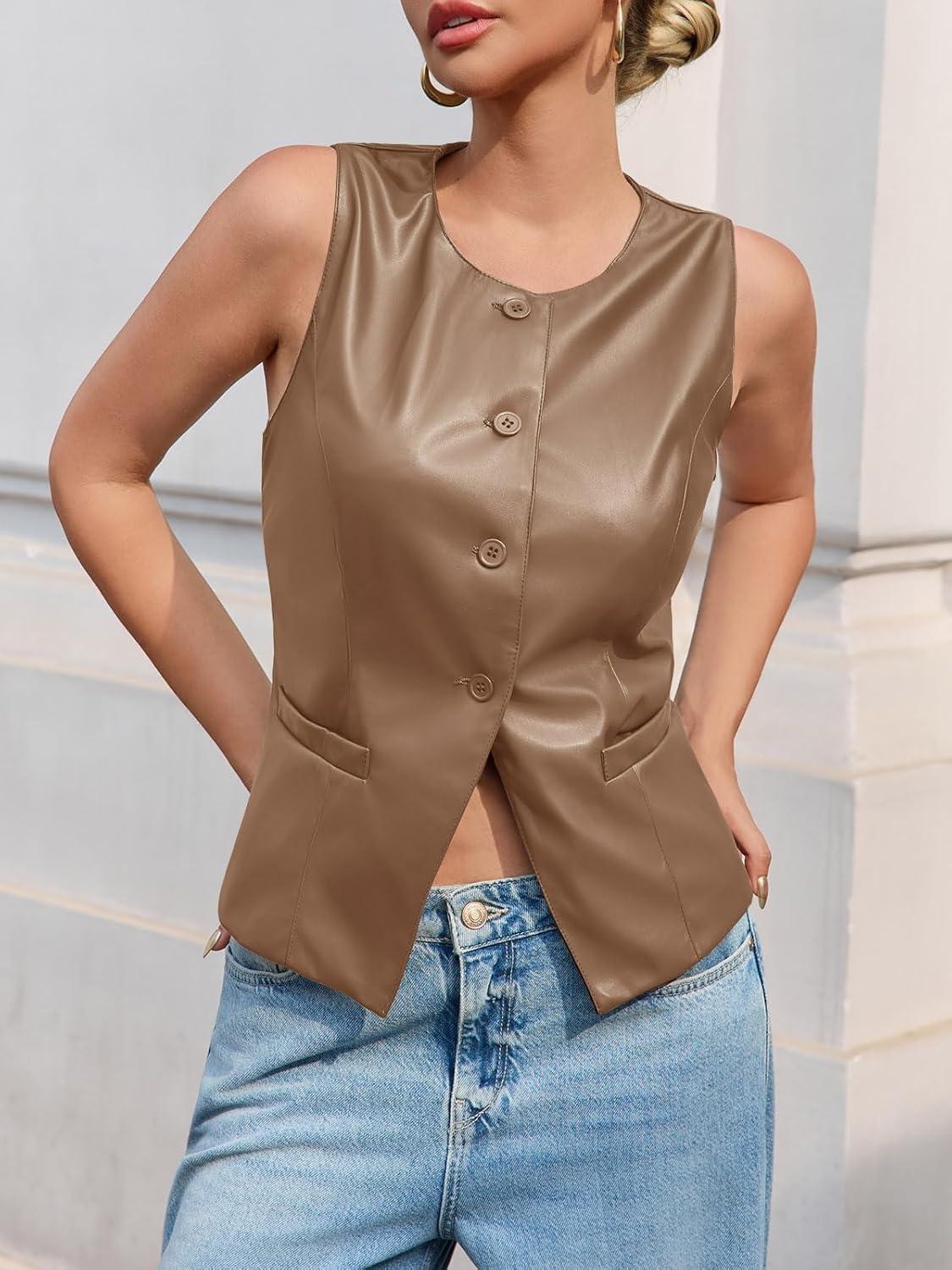 imageTankaneo Womens Faux Leather Vest Tops Business Casual Button Down PU Suit Blazer Sleeveless Fitted WaistcoatKhaki