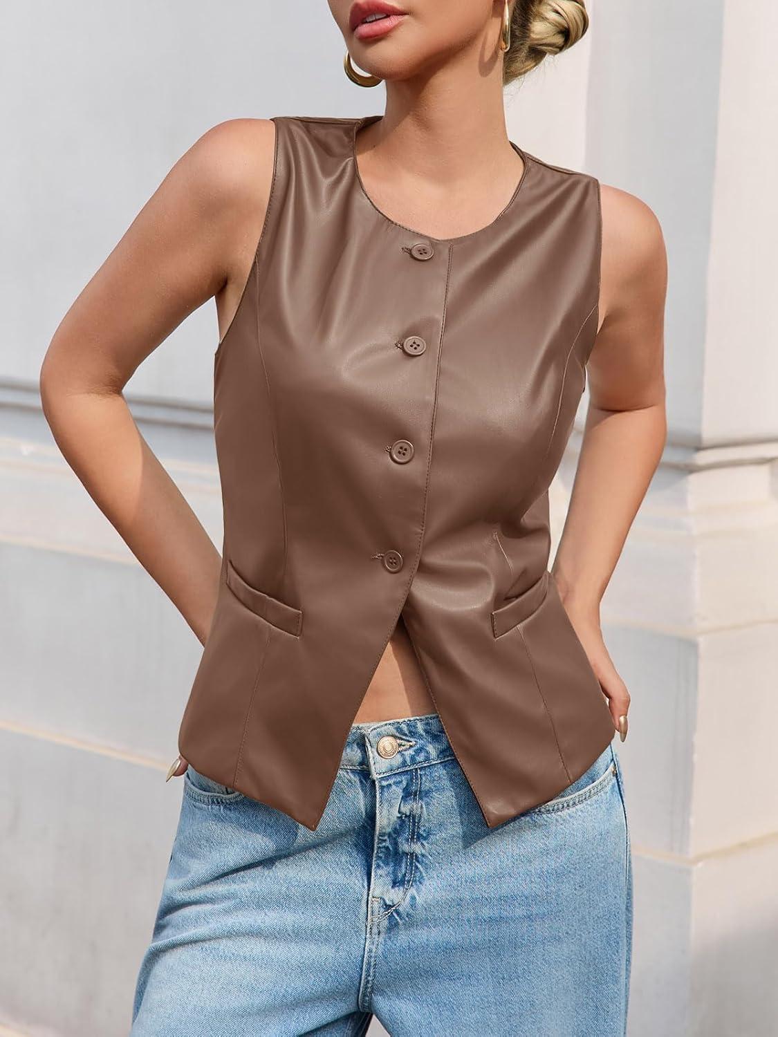 imageTankaneo Womens Faux Leather Vest Tops Business Casual Button Down PU Suit Blazer Sleeveless Fitted WaistcoatLight Brown