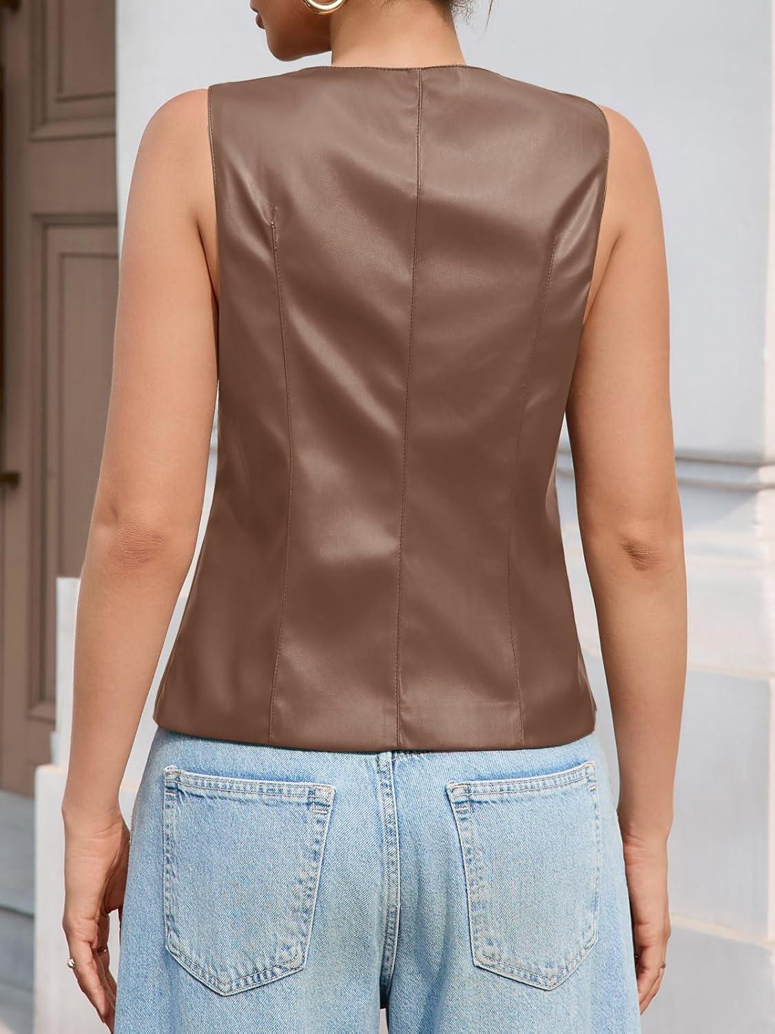 imageTankaneo Womens Faux Leather Vest Tops Business Casual Button Down PU Suit Blazer Sleeveless Fitted WaistcoatLight Brown