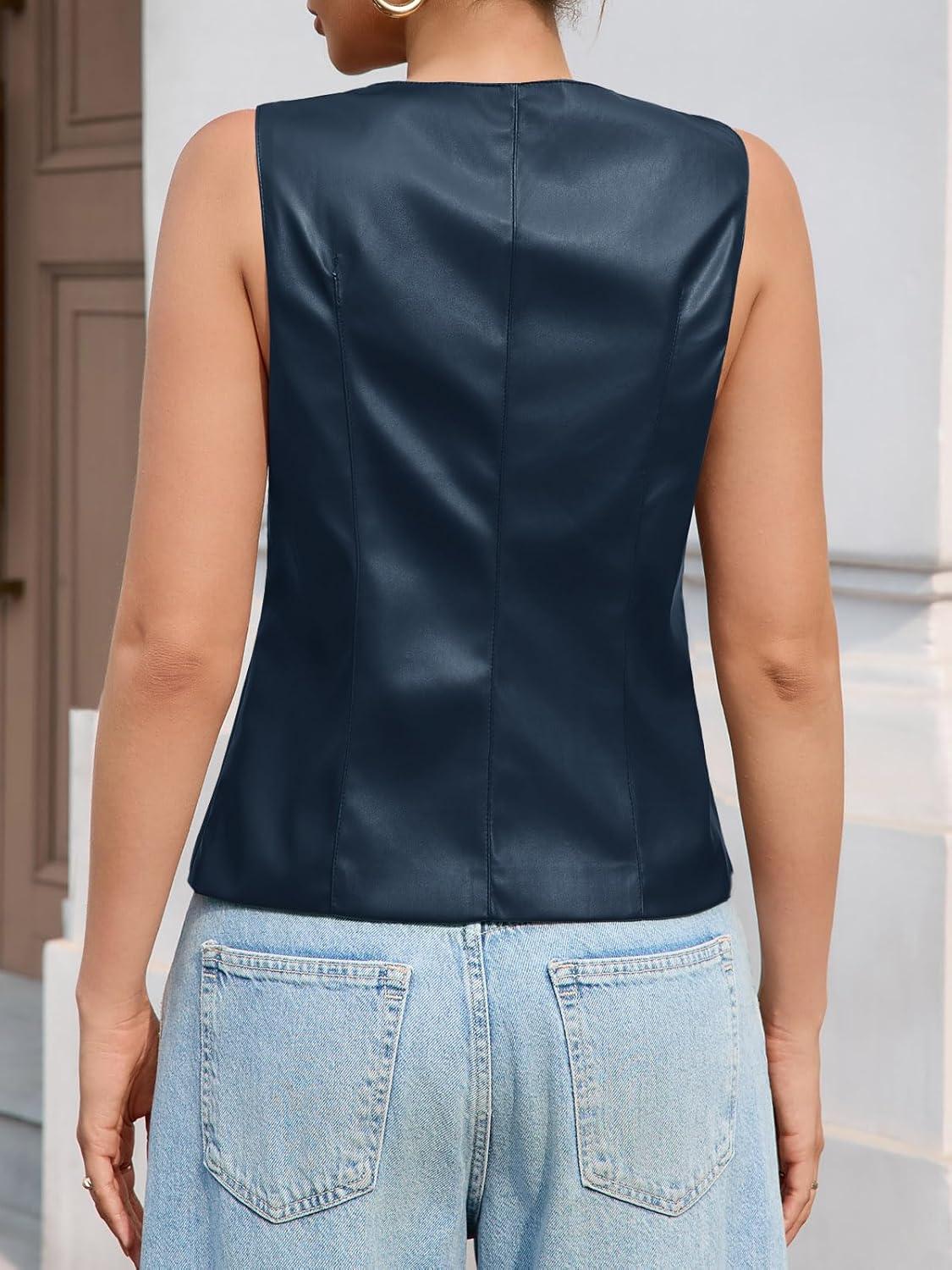 imageTankaneo Womens Faux Leather Vest Tops Business Casual Button Down PU Suit Blazer Sleeveless Fitted WaistcoatNavy