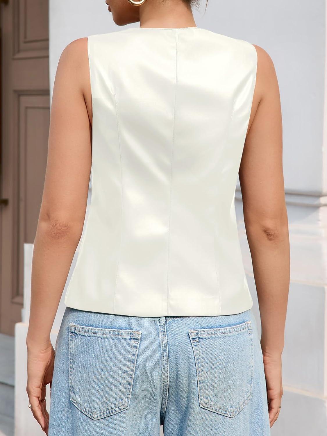 imageTankaneo Womens Faux Leather Vest Tops Business Casual Button Down PU Suit Blazer Sleeveless Fitted WaistcoatWhite