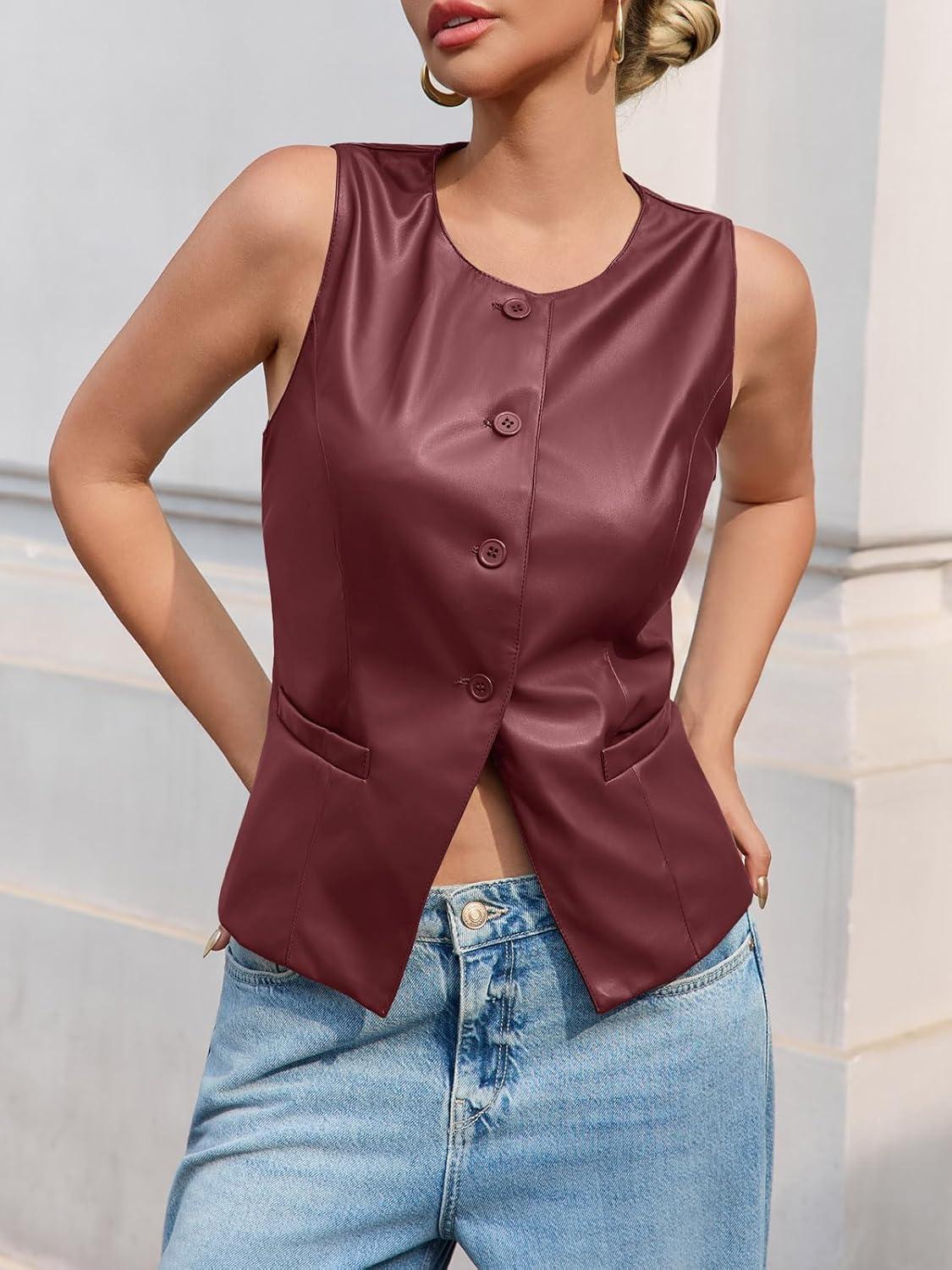imageTankaneo Womens Faux Leather Vest Tops Business Casual Button Down PU Suit Blazer Sleeveless Fitted WaistcoatWine Red