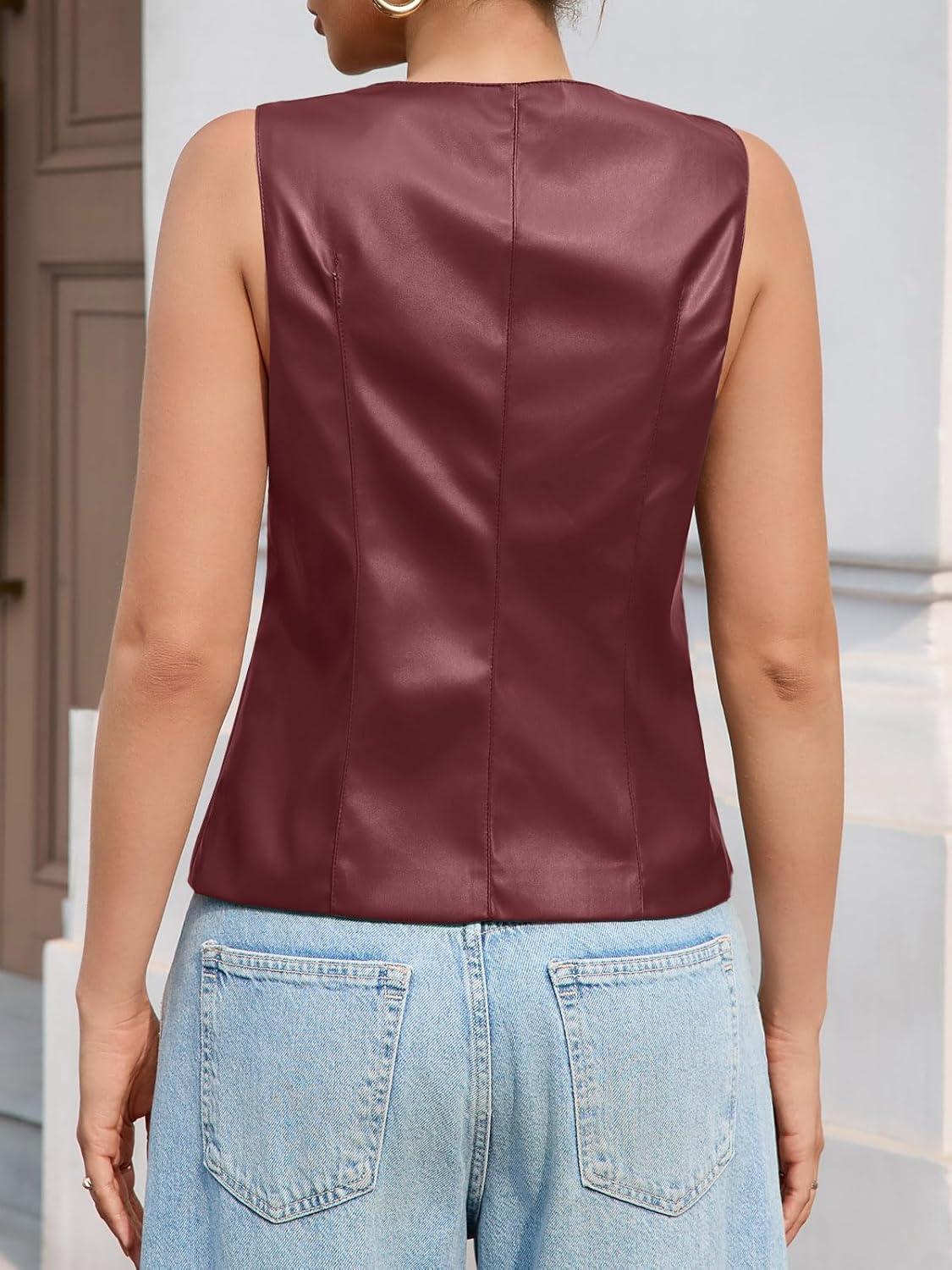 imageTankaneo Womens Faux Leather Vest Tops Business Casual Button Down PU Suit Blazer Sleeveless Fitted WaistcoatWine Red