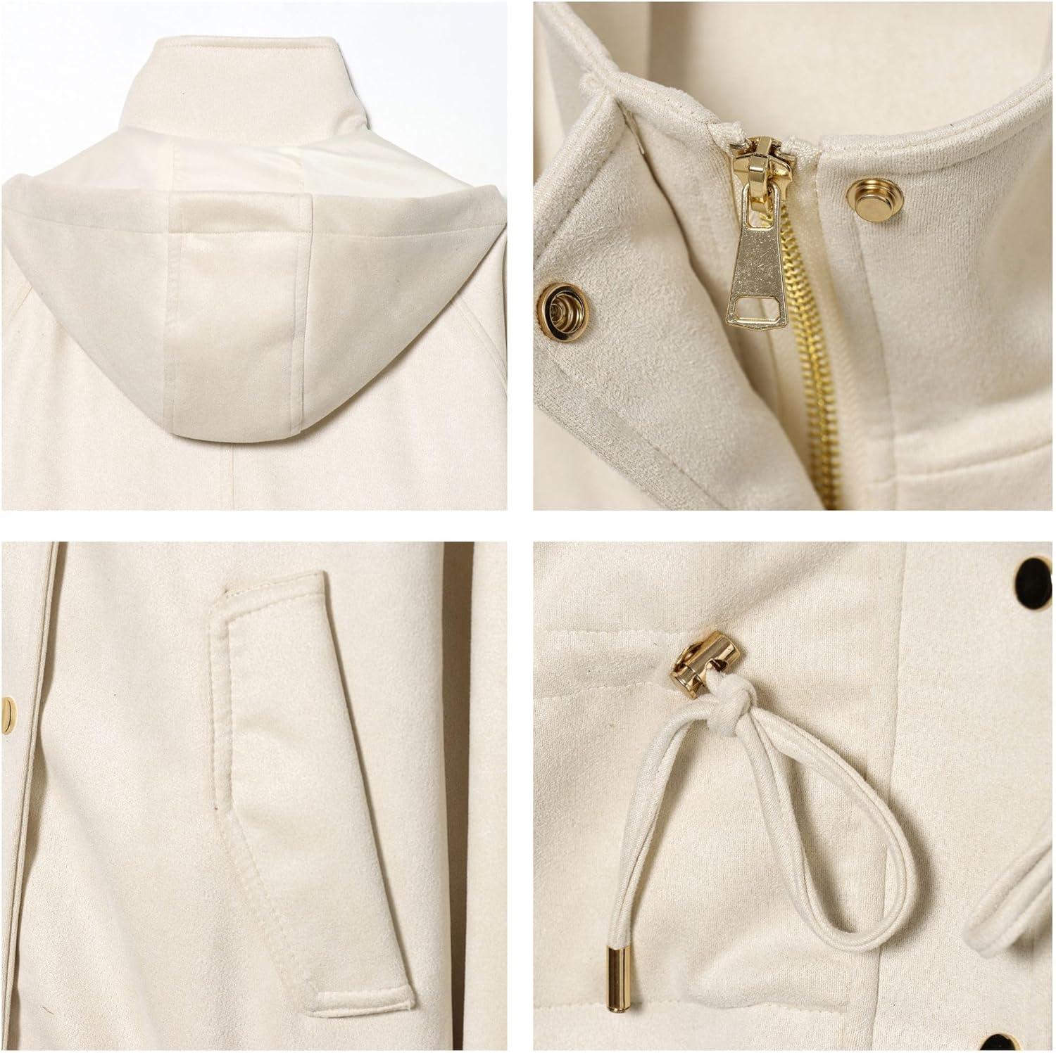 imageXunger Womens Vintage Faux Suede Hooded Jacket Oversized Drawstring Waist Coat Stand Collar Casual Outerwear with PocketsBeige