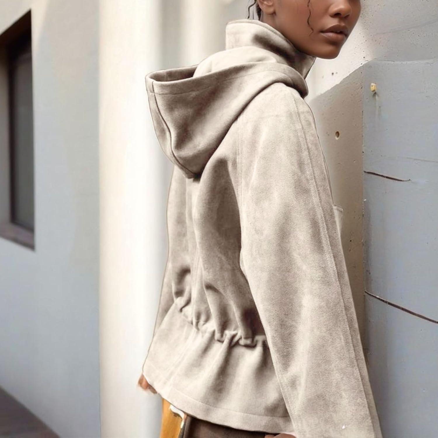 imageXunger Womens Vintage Faux Suede Hooded Jacket Oversized Drawstring Waist Coat Stand Collar Casual Outerwear with PocketsBeige