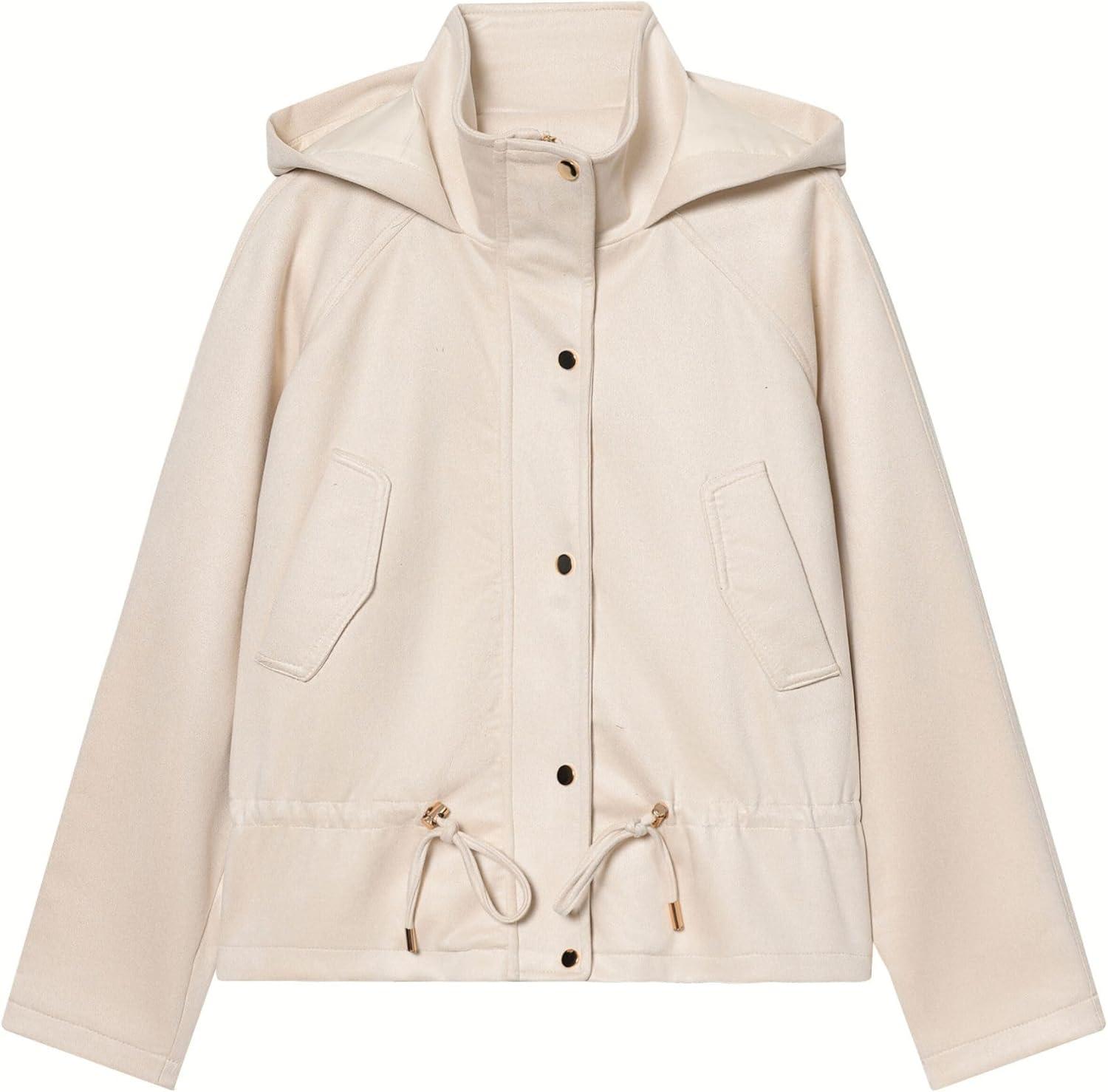 imageXunger Womens Vintage Faux Suede Hooded Jacket Oversized Drawstring Waist Coat Stand Collar Casual Outerwear with PocketsBeige