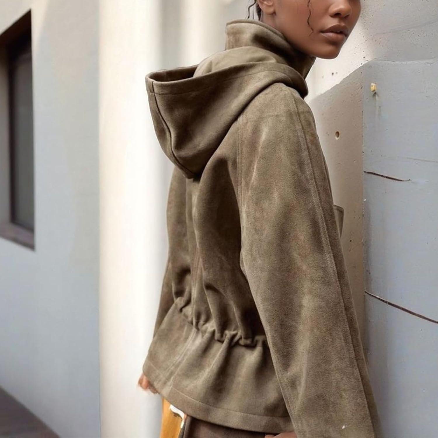 imageXunger Womens Vintage Faux Suede Hooded Jacket Oversized Drawstring Waist Coat Stand Collar Casual Outerwear with PocketsBrown